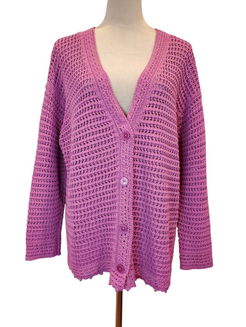 TALBOTS Open Knit Cardigan Sweater | 100% Cotton | Pink/Orchid SZ 1X